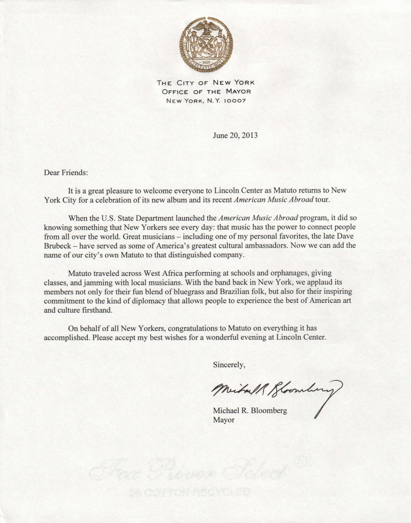 Matuto Letter from NYC Mayor